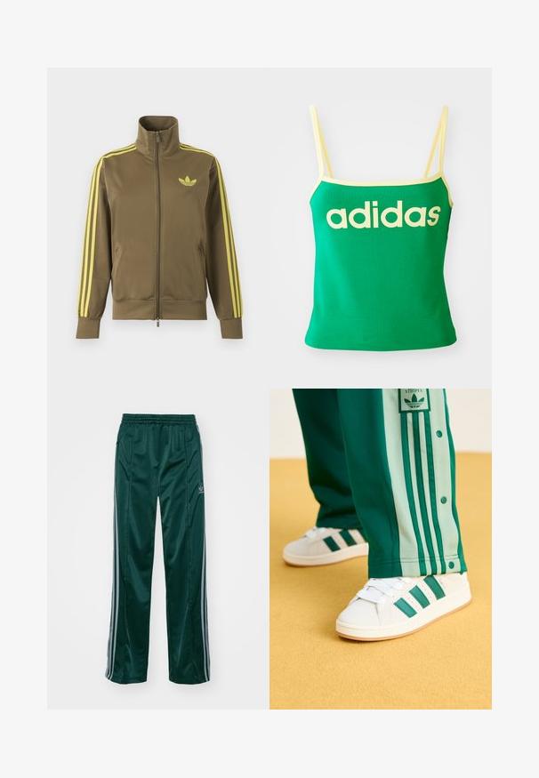 Oliivinvihreä vetoketjullinen juoksutakki korkealla kauluksella, keltaiset kolme raitaa hihoissa ja keltainen Adidas trefoil -logo vasemmassa rinnassa.; Vihreä tankkitoppi keltaisilla yksityiskohdilla, valmistettu joustavasta materiaalista. Edessä on suuri keltainen "adidas"-logo ja ohuet olkaimet.; Tummanvihreät urheiluhousut, jotka on valmistettu kiiltävästä materiaalista. Housuissa on vaaleanharmaat sivuviivat ja embroidered logo vasemmassa jalassa.; Valkoiset tennarit, joissa on vihreät raidat, kumipohja ja tekstuuri, yhdistettynä vihreisiin urheiluhousuihin, joissa on vaaleanvihreät sivuraidat ja nepparit.