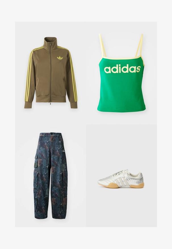 Veste de survêtement zippée vert olive avec col montant, trois bandes jaunes sur les manches et logo Adidas trefoil jaune sur la poitrine gauche.; Débardeur vert avec des accents jaunes, fabriqué dans un matériau extensible. Présente un grand logo "adidas" jaune sur le devant et des bretelles fines.; Pantalons cargo camouflage en vert foncé et marron, dotés de plusieurs poches et d'une coupe décontractée, fabriqués à partir d'un tissu léger et résistant.; Chaussure de sport argentée avec une tige en cuir lisse, une semelle en caoutchouc et des accents texturés. Présente un design incurvé et des lacets ton sur ton.