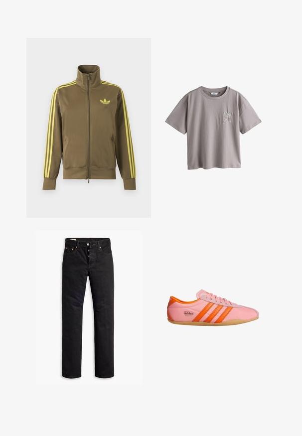 Oliivroheline lukuga spordijakk kõrge kraega, kollaste triipudega varrukatel ja kollase Adidas trefoil logoga vasakul rinnal.; Lühikeste varrukatega hall puuvillane T-särk, millel on ümmargune kaelus ja vasakul rinnal heleda värvi dekoratiivne lipsu tikand.; Mustad musta denimist valmistatud sirge lõikega teksad, viie taskuga disain ja nööpidekorrus. Omab vaskrõngaid ja õmbluse aktsente.; Roosa sneaker oranžide aktsentidega, millel on kolm triipu, tekstuuriga materjal, nööridega esiosa ja kummipõhi. Bränding külgedel.