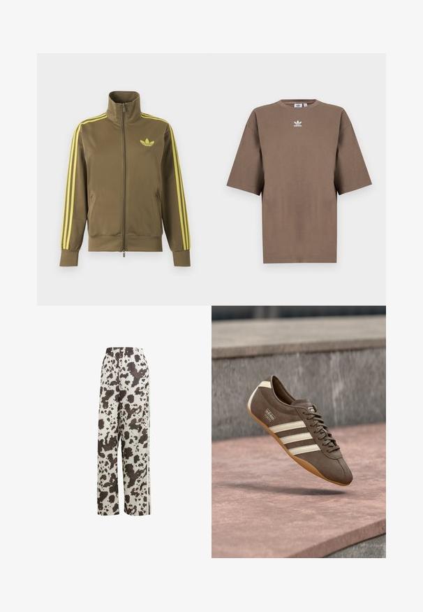 Chaqueta deportiva verde oliva con cremallera, cuello alto, tres rayas amarillas en las mangas y logo amarillo de Adidas trefoil en el pecho izquierdo.; Camiseta de algodón marrón con mangas cortas, cuello redondo y logo blanco de Adidas centrado en el pecho, con un diseño liso y un ajuste relajado.; adidas Originals COW PRINT SATIN WIDE LEG - Pantalones deportivos - multicolor off white; Zapatilla de ante marrón con rayas blancas y marca, con puntera redonda y suela de goma color caramelo, suspendida sobre una superficie texturizada.