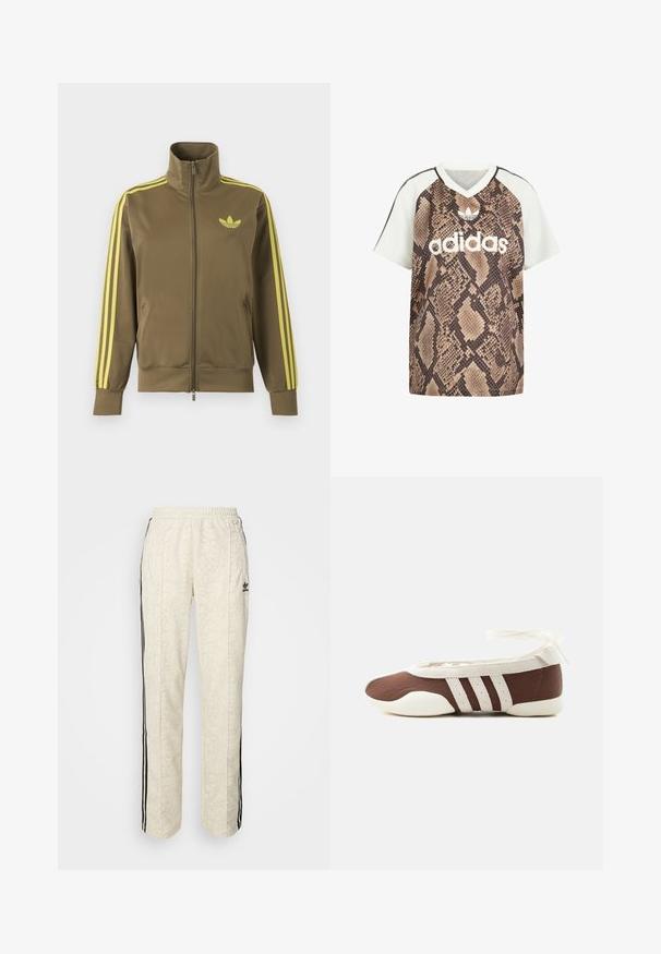 Oliivroheline lukuga spordijakk kõrge kraega, kollaste triipudega varrukatel ja kollase Adidas trefoil logoga vasakul rinnal.; Adidase lühikeste varrukatega V-kaelusega särk, valgete varrukatega ja pruuni maduprindiga kerel, esiküljel valge Adidas logo ja kolmeleheline embleem.; Kreemit joggerid, millel on tekstuuriga madusikuvälimus. Mustad külgsirged ja elastne vöökoht. Must logoaktsent reie peal.; Pruun ja valge baleriinjalanõu, millel on kolm valget triipu ja pahkluu paelaga lips, helel taustal.