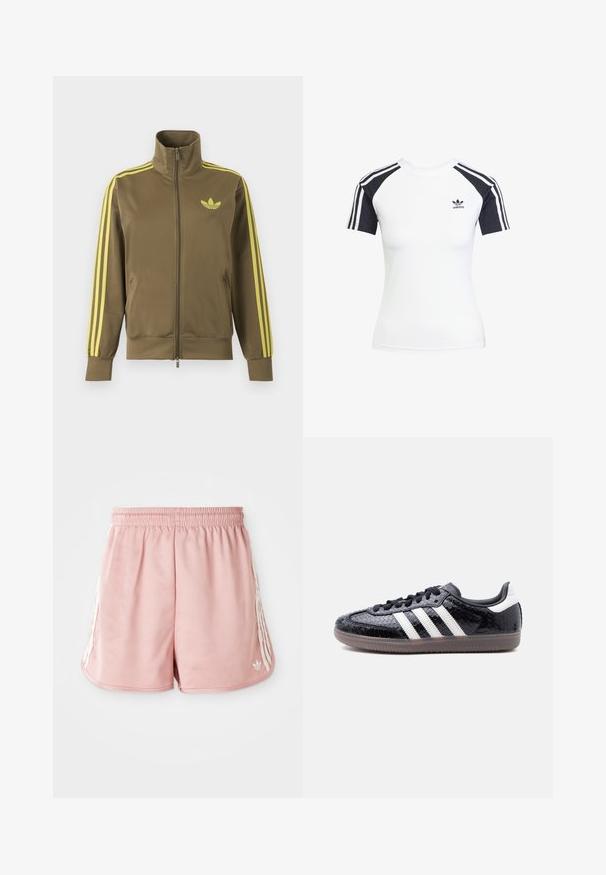 Chaqueta deportiva verde oliva con cremallera, cuello alto, tres rayas amarillas en las mangas y logo amarillo de Adidas trefoil en el pecho izquierdo.; Camiseta blanca de manga corta con mangas raglán negras. Presenta tres franjas negras en los hombros y un pequeño logo negro de Adidas en el pecho.; Shorts deportivos rosas con cintura elástica, detalle de una franja blanca en los lados y un pequeño logo en la parte inferior izquierda delantera. Textura de tela suave.; Zapatilla negra de perfil bajo con patrón texturizado de piel de serpiente, rayas blancas en el costado, cordones negros y suela traslúcida marrón.
