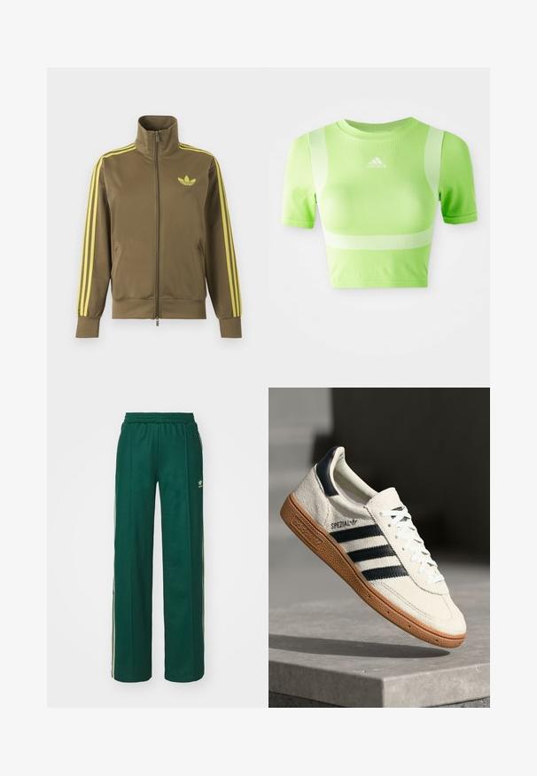 Veste de survêtement zippée vert olive avec col montant, trois bandes jaunes sur les manches et logo Adidas trefoil jaune sur la poitrine gauche.; T-shirt de sport coupé en tissu vert vif. Il dispose de manches courtes, d'un col rond et d'un motif de rayures blanches en diagonale sur les épaules. Logo adidas sur le devant.; Pantalons de sport vert foncé avec une coupe décontractée, dotés d'une taille à cordon, de poches latérales et de bandes crème sur les côtés.; Baskets en daim blanc avec des bandes navy, semelle en caoutchouc gomme, tige texturée, bout rond et lacets ; arbore un logo sur le côté et sur la languette.