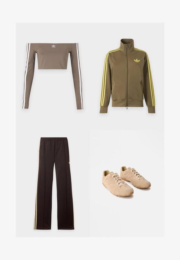 Oliivinvihreä vetoketjullinen juoksutakki korkealla kauluksella, keltaiset kolme raitaa hihoissa ja keltainen Adidas trefoil -logo vasemmassa rinnassa.; Ruskea olkapäiltä avattu crop-top, joka on valmistettu sileästä kankaasta. Tässä vaatteessa on pitkät hihat, joiden varrella on valkoiset raidat, ja rinnassa pieni logo.; Mustat verkkarit keltaisilla sivuraitoisilla, joustavalla vyötäröllä, vetoketjullisilla sivutaskuilla ja pienellä logolla ylemmässä reisiosassa.; Beige urheilukenkiä, joissa on teksturoitu mokkanahkapinta, huomiota herättävä kaareva kumipohja ja nauhallinen sulku. Sivustoilla on kohokuviointiyksityiskohtia.