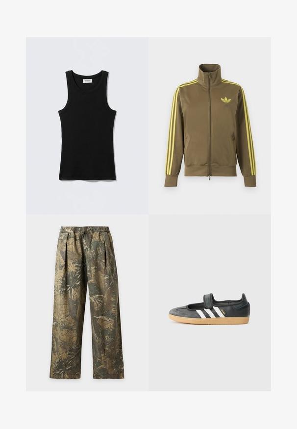 Veste de survêtement zippée vert olive avec col montant, trois bandes jaunes sur les manches et logo Adidas trefoil jaune sur la poitrine gauche.; Débardeur noir en coton, avec un col rond et des bretelles étroites. Design simple, sans motifs ni accents visibles.; Pantalon ample avec taille élastique, doté d'un imprimé camouflage de feuilles tropicales vertes et marron.; Sneaker en cuir noir et suède avec une sangle Velcro, arborant trois bandes blanches et une semelle en caoutchouc, étiqueté "SAMBA" sur le côté.