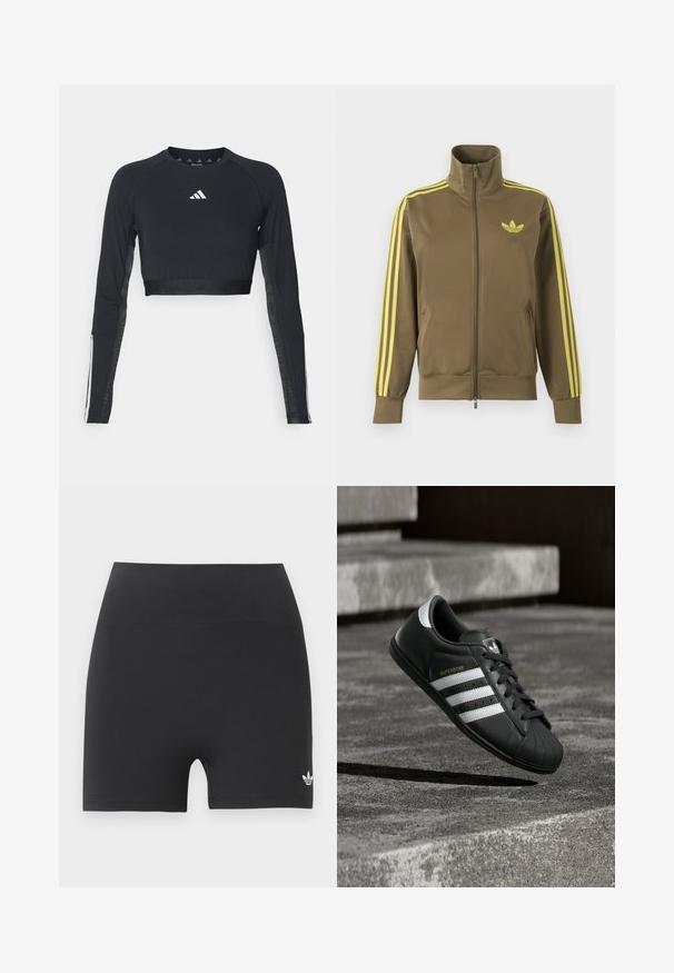 Oliven grøn lynlåstrøje med høj krave, gule tre striber på ærmerne og gult Adidas trefoil-logo på venstre bryst.; Sort cropped træningstop med lange ærmer lavet af glat stof. Har et hvidt logo på brystet og stribede detaljer på ærmerne.; Sorte atletikshorts med høj talje og et lille hvidt Adidas trefoil-logo på det nederste højre ben mod en ensfarvet baggrund.; Sort Adidas Superstar sneaker med hvide striber og guld "SUPERSTAR" tekst svævende over en betonoverflade nær trapper.