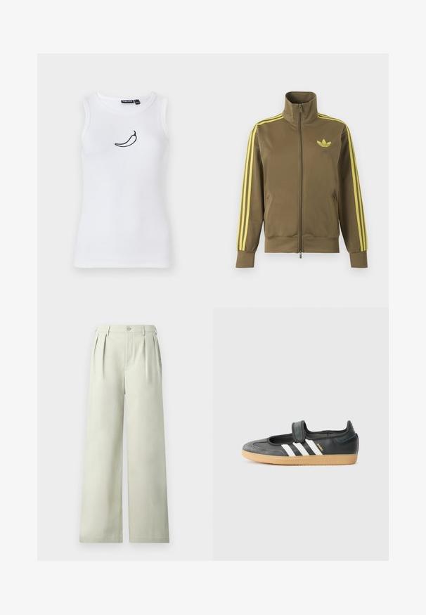 Veste de survêtement zippée vert olive avec col montant, trois bandes jaunes sur les manches et logo Adidas trefoil jaune sur la poitrine gauche.; Débardeur blanc à côtes avec une broderie de piment noir sur la poitrine. Fabriqué à partir d'un matériau doux et extensible.; Pantalons larges vert clair en tissu lisse, avec des plis, une taille à bouton unique et une coupe épurée.; Sneaker en cuir noir et suède avec une sangle Velcro, arborant trois bandes blanches et une semelle en caoutchouc, étiqueté "SAMBA" sur le côté.