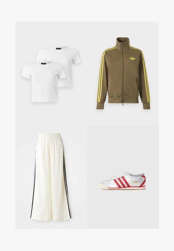 Olivgroene trainingsjas met rits en hoge kraag, gele drie strepen op de mouwen en geel Adidas trefoil-logo op de linkerborst.; Twee eenvoudige witte T-shirts met korte mouwen en ronde hals met JJXX merklabels, weergegeven op een lichtgrijze achtergrond.; Witte wijde broek met elastische tailleband en zwarte verticale strepen langs de buitennaad.; Adidas sneakers met een zilveren synthetisch bovenwerk, drie rode strepen, een beige zool en een gouden logo aan de zijkant, met een laag profiel ontwerp.