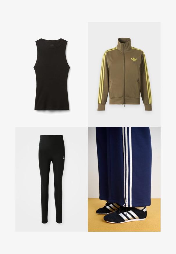 Olivgroene trainingsjas met rits en hoge kraag, gele drie strepen op de mouwen en geel Adidas trefoil-logo op de linkerborst.; Zwart geribbeld mouwloos tanktop met ronde hals, korte lengte en aansluitende silhouet, plat gelegd op een witte achtergrond.; Zwarte legging van rekbaar materiaal met een hoge taille, voorzien van een klein wit Adidas-logo op het linkerbeen. Gladde textuur.; Marineblauwe trainingsbroek met drie witte verticale strepen en zwarte sportschoenen met zilveren strepen en een gestructureerd oppervlak. Gele vloer.