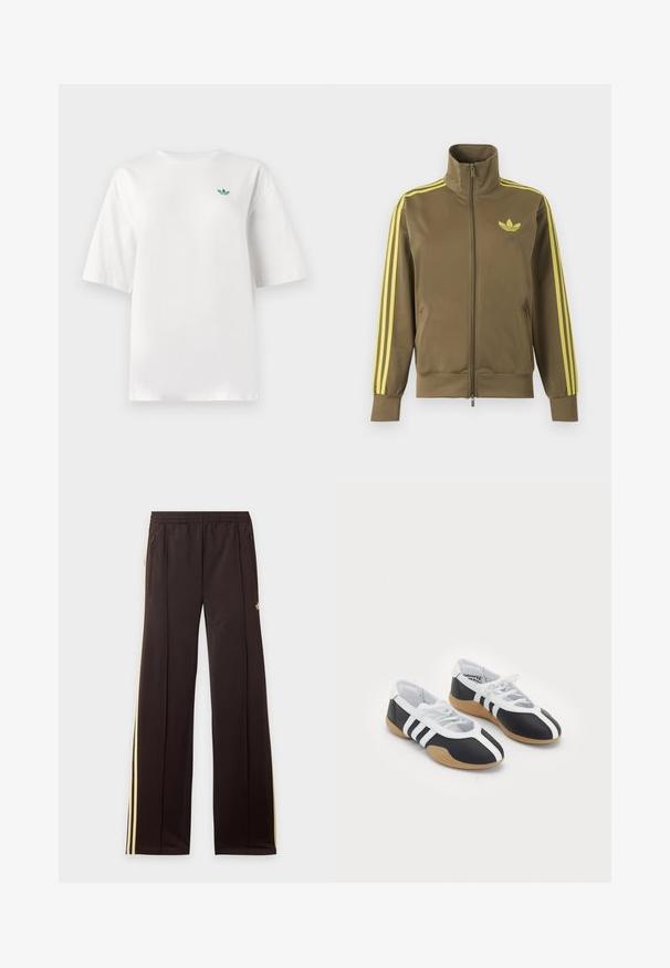 Chaqueta deportiva verde oliva con cremallera, cuello alto, tres rayas amarillas en las mangas y logo amarillo de Adidas trefoil en el pecho izquierdo.; Camiseta blanca de algodón, con mangas cortas y cuello redondo. Un pequeño logo verde está situado en la zona izquierda del pecho.; Pantalones de chándal negros con rayas amarillas laterales, cintura elástica, bolsillos laterales con cremallera y un pequeño logo en el muslo superior.; Zapatillas deportivas en blanco y negro con un diseño elegante, suela de goma, cierre de cordones y tres franjas blancas en los lados.