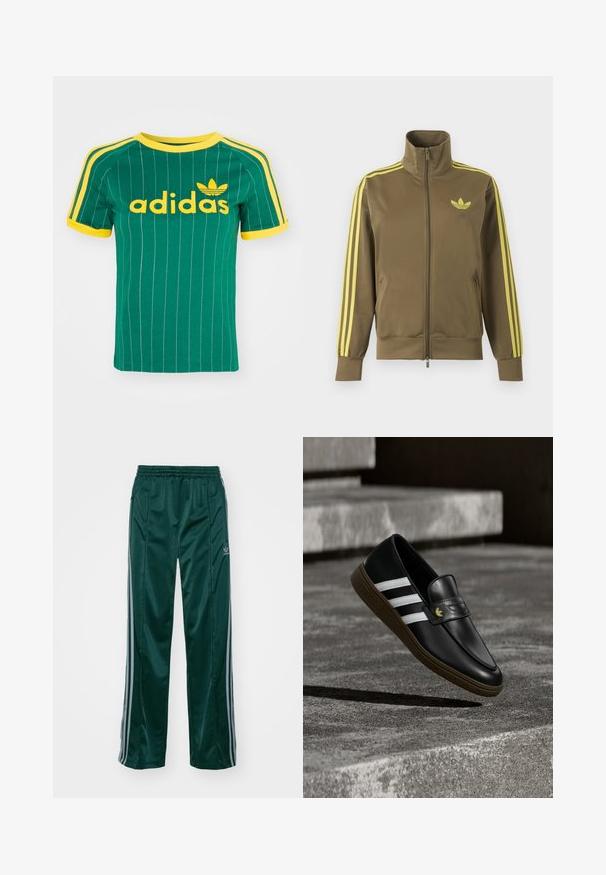 Olivovo zelená štýlová bunda na zips s vysokým golierom, žlté tri pruhy na rukávoch a žlté logo Adidas trefoil na ľavej strane hrude.; Zelené bavlnené tričko s vertikálnymi bielymi pruhmi, žltými akcentmi a logom "adidas" v žltom písme. Krátke rukávy a okrúhly výstrih.; Tmavozelené športové nohavice vyrobené z lesklého materiálu, s bočnými pruhmi v svetlošedej farbe a vyšitým logom na ľavom stehne.; Čierny kožený mokasín s bielymi pruhmi a hnedou podrážkou, umiestnený nad betónovými schodmi, ktoré vrhajú tieň na zem.