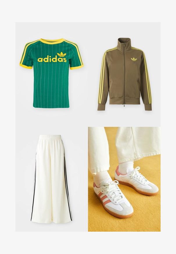 Olivgrüne Zip-Jacke mit hohem Kragen, gelben drei Streifen an den Ärmeln und gelbem Adidas-Trefoil-Logo auf der linken Brust.; Grünes Baumwoll-T-Shirt mit vertikalen weißen Streifen, gelben Akzenten und gelbem "adidas"-Logo. Mit kurzen Ärmeln und Rundhalsausschnitt.; Weiße weite Hosen mit elastischem Bund und schwarzen vertikalen Streifen an den äußeren Nähten.; Weiße Sportschuhe mit pinken Akzenten, aus Wildleder und Leder, runde Zehenform und Gummisohle, dargestellt mit hellen Socken vor einem gelben Hintergrund.