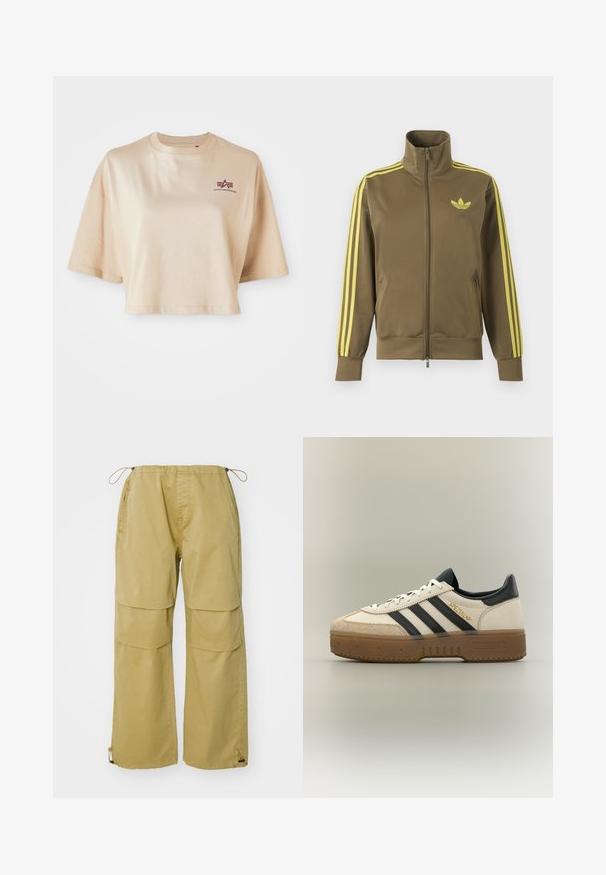 Oliven grøn lynlåstrøje med høj krave, gule tre striber på ærmerne og gult Adidas trefoil-logo på venstre bryst.; Beige cropped t-shirt lavet af bomuld, med korte ærmer, en rund halsudskæring og et maroon logo grafik på venstre bryst.; Cargo bukser i khaki, med brede ben, elastisk talje, frontlommer og justerbare snore i nakkeskørtet. Fremstillet af letvægtsstof.; Hvid Adidas sneaker med sorte striber, beige ruskindstå, brun sål og "SPEZIAL" i guldskrift på siden.