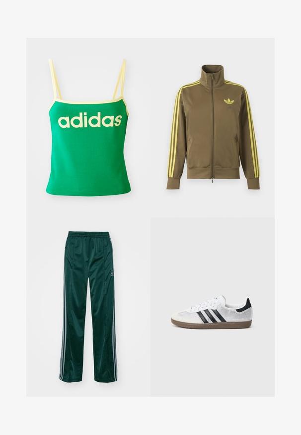 Olivovo zelená štýlová bunda na zips s vysokým golierom, žlté tri pruhy na rukávoch a žlté logo Adidas trefoil na ľavej strane hrude.; Zelený tank top s žltými akcentmi, vyrobený z elastického materiálu. Má veľké žlté logo "adidas" na prednej strane a tenké ramienka.; Tmavozelené športové nohavice vyrobené z lesklého materiálu, s bočnými pruhmi v svetlošedej farbe a vyšitým logom na ľavom stehne.; Biele sieťované tenisky s čiernymi pruhmi, béžovým semišovým špičkovým a pätovým detailom, textúrovanou gumovou podrážkou a bielymi šnúrkami. Klasický nízky strih.