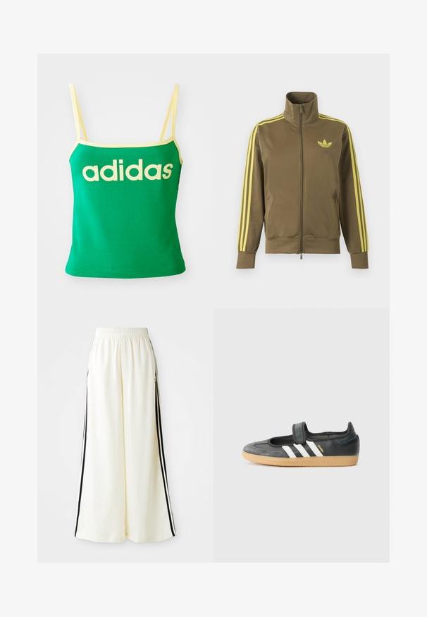 Olivovo zelená štýlová bunda na zips s vysokým golierom, žlté tri pruhy na rukávoch a žlté logo Adidas trefoil na ľavej strane hrude.; Zelený tank top s žltými akcentmi, vyrobený z elastického materiálu. Má veľké žlté logo "adidas" na prednej strane a tenké ramienka.; Biele široké nohavice s elastickým pásom a čiernymi vertikálnymi pruhmi pozdĺž vonkajších švov.; Čierne kožené a zamšové tenisky s Velcro pásikom, s tromi bielymi pruhmi a gumenou podrážkou, označené nápisom "SAMBA" na boku.