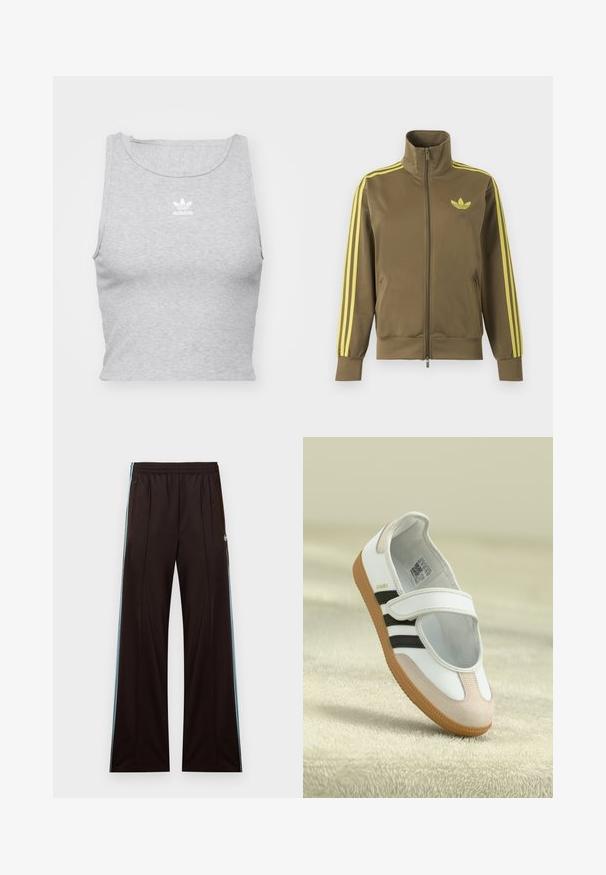 Chaqueta deportiva verde oliva con cremallera, cuello alto, tres rayas amarillas en las mangas y logo amarillo de Adidas trefoil en el pecho izquierdo.; Top corto sin mangas gris, hecho de un tejido suave, con un escote redondo y un pequeño logo blanco de Adidas en el pecho.; Pantalones de chándal negros de pierna ancha con franjas laterales azul claro, cintura elástica, bolsillos con cremallera y logo de Adidas en la cadera izquierda.; Zapato blanco con puntera de ante rosa, rayas negras y una correa de Velcro. Cuenta con una suela de goma color tostado y un logo en el lateral.