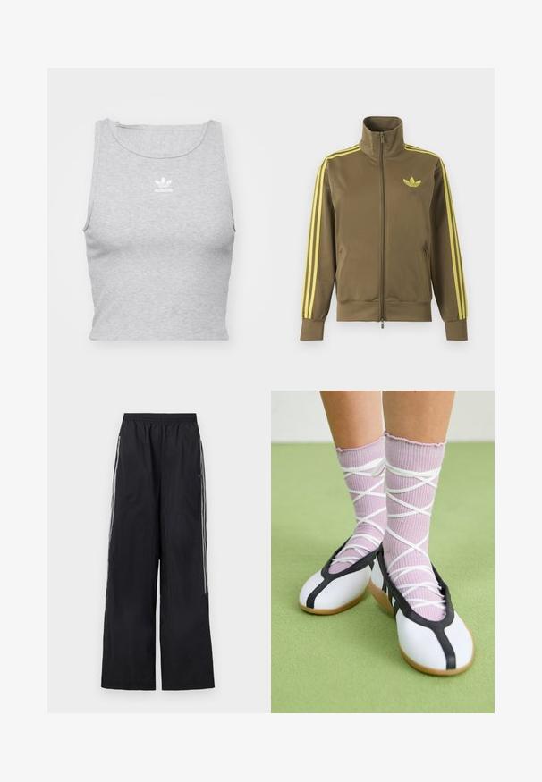Olivovo zelená štýlová bunda na zips s vysokým golierom, žlté tri pruhy na rukávoch a žlté logo Adidas trefoil na ľavej strane hrude.; Šedý, bezrukávový crop top vyrobený z jemnej látky, s okrúhlym výstrihom a malým bielym logom Adidas na hrudi.; Čierne široké teplákové nohavice s elastickým pásom a tromi bielymi pruhmi na boku každej nohavice.; Nohy v rebrovaných levanduľových ponožkách s bielymi krížovými pásmi v kombinácii s bielymi baletnými papučkami s čiernym lemom na zelenej podlahe.
