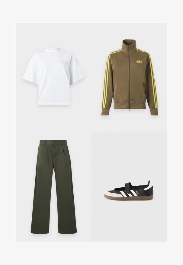 Veste de survêtement zippée vert olive avec col montant, trois bandes jaunes sur les manches et logo Adidas trefoil jaune sur la poitrine gauche.; T-shirt blanc à manches courtes, col rond, coupe ample, avec un petit logo "Ellesse" rose pâle sur le côté gauche de la poitrine.; Pantalon vert olive à jambes droites avec passants pour ceinture, fermeture à boutons à l'avant et poches latérales sur fond blanc.; Baskets noires et beiges avec une bride en velcro, trois bandes blanches sur le côté, et une semelle en caoutchouc marron texturée. Logo de la marque visible.