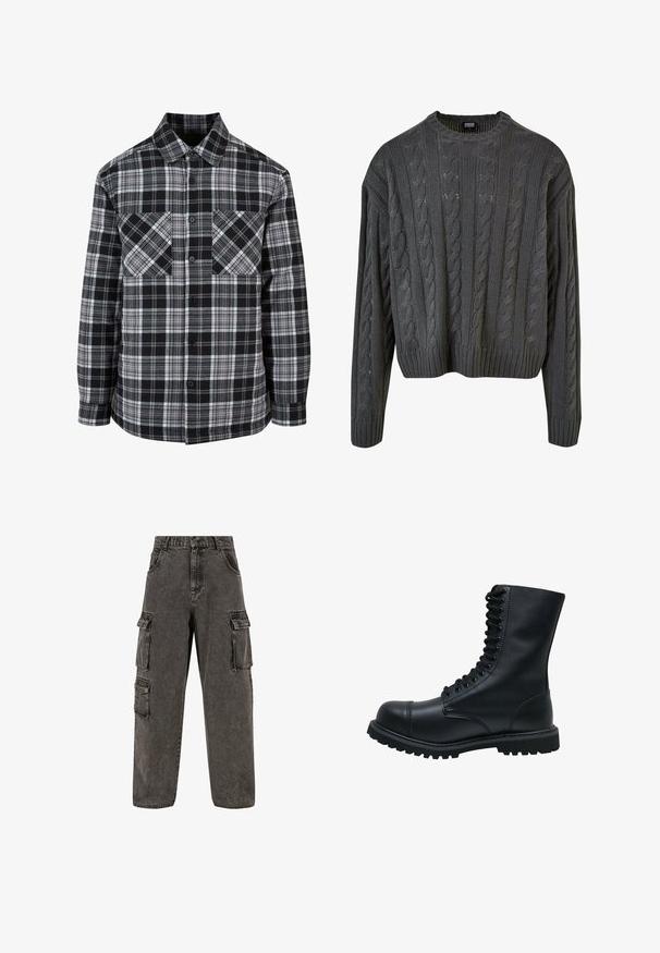 Camisa de cuadros en blanco y negro con botón en el frente, dos bolsillos en el pecho y mangas largas con puños. Hecha de tejido ligero.; Jersey de punto trenzado en gris oscuro con cuello redondo, hombros caídos y dobladillo acanalado. Presenta patrones texturizados en toda su superficie.; Karl Kani OG BAGGY - Vaqueros boyfriend - grey; Botín de cuero negro con cordones, punta redonda, caña alta, suela de goma gruesa y superficie texturizada. Presenta costuras reforzadas a lo largo de las uniones.