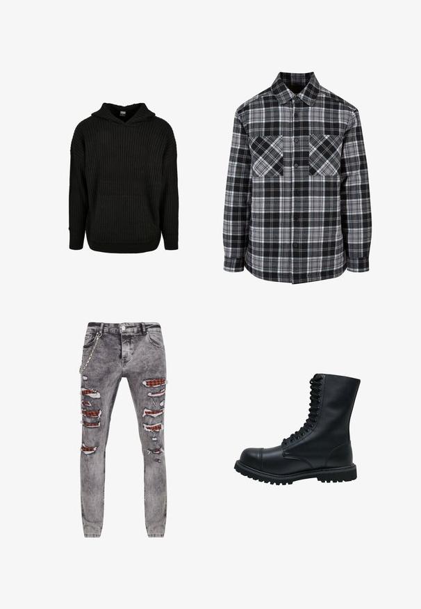 Zwart-wit geblokte blouse met een knopenrij aan de voorkant, twee borstzakken en lange mouwen met manchetten. Gemaakt van lichtgewicht stof.; Zwarte geribbelde gebreide hoodie met een voorzak en een capuchon met trekkoord. Heeft een losse fit en een gestructureerd patroon op de stof.; Grijze versleten jeans met meerdere scheuren die de rode en zwarte geruite stof eronder onthullen. Heeft een zijkettingdetail en een taps toelopende pasvorm.; Zwarte leren veterschoen met een ronde neus, hoge schacht, dikke rubberen zool en een gestructureerd oppervlak. Heeft versterkte stiksels langs de naden.