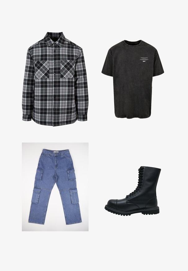 Schwarz-weiße Karobluse mit Knopfleiste, zwei Brusttaschen und langen Ärmeln mit gekrempelten Enden. Hergestellt aus leichtem Stoff.; Schwarzes Baumwoll-T-Shirt mit Rundhalsausschnitt und kurzen Ärmeln. Mit kontrastierendem weißen Text auf der Vorderseite und sichtbaren Nähdetails.; Blaue Denim-Cargo-Hosen mit mehreren Seitentaschen, einem geraden Beindesign und einem klassischen Bund. Der Stoff hat eine leicht strukturierte Textur und ist leicht ausgebleicht.; Schwarze Leder Schnürstiefel mit runder Zehenkappe, hohem Schaft, dicker Gummisohle und texturierter Oberfläche. Enthält verstärkte Nähte entlang der Nähte.