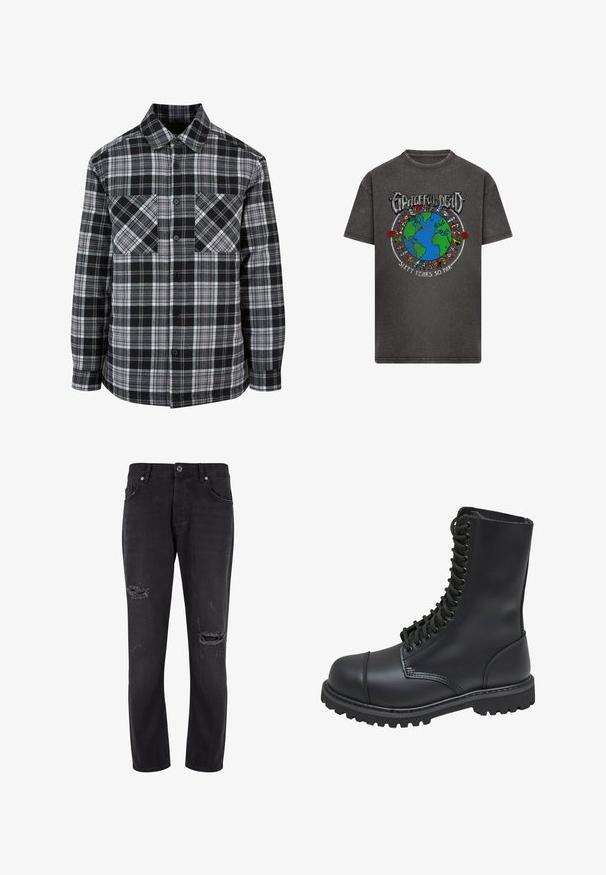 Zwart-wit geblokte blouse met een knopenrij aan de voorkant, twee borstzakken en lange mouwen met manchetten. Gemaakt van lichtgewicht stof.; Donkergrijze T-shirt met een kleurrafbeelding van de aarde omringd door dansende beren, met de tekst "Grateful Dead" erboven en "Zestig Jaar Tot Nu Toe" eronder.; Zwarte denim jeans met een rechte snit, voorzien van beschadigde delen en zichtbare kniestukken. Klassiek vijf-pocket ontwerp met contrasterende stiksels.; Zwarte leren gevechtslaars met een hoge schacht, vetersluiting aan de voorkant, gewatteerde kraag en een stevige, gestructureerde zool voor grip. Bevat een versterkte neus.