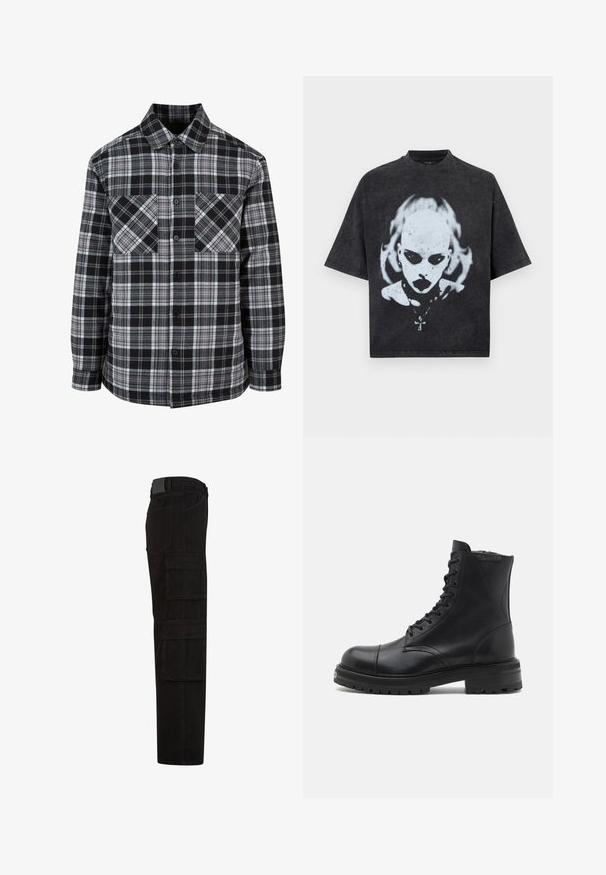 Schwarz-weiße Karobluse mit Knopfleiste, zwei Brusttaschen und langen Ärmeln mit gekrempelten Enden. Hergestellt aus leichtem Stoff.; Schwarzes Oversized-T-Shirt mit einem weißen Motiv eines glatzköpfigen Menschen mit dunklen Augen, Lippenstift, Piercings und einer Halskette mit Kreuzanhänger.; Schwarze Cargohose mit mehreren großen Überschlagtaschen, Gürtelschlaufen und geradem Beinanschnitt, seitlich dargestellt.; AllSaints HANK - Schnürstiefelette - black