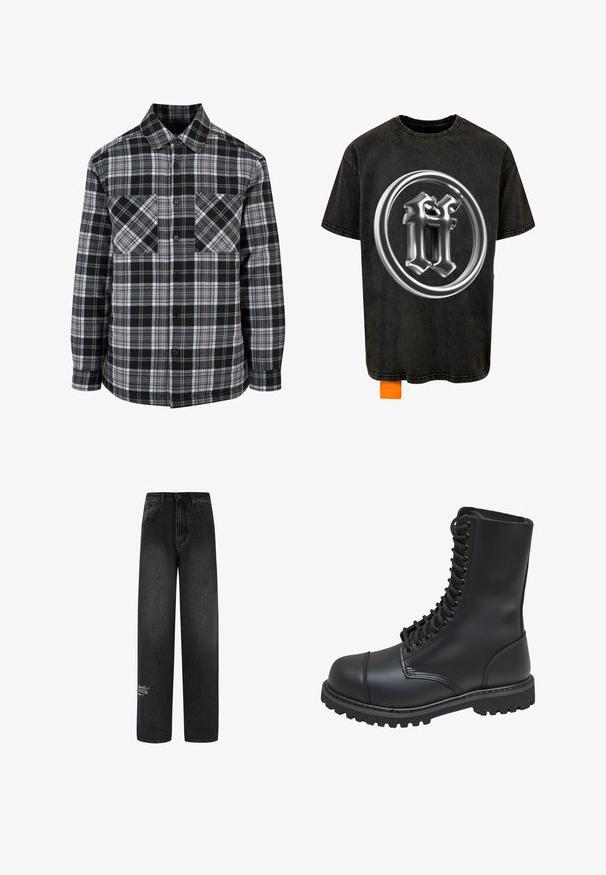 Sorte og hvide ternet skjorte med knaplukning foran, to brystlommer og lange ærmer med manchetter. Fremstillet af letvægtsstof.; Forgotten Faces RADIANT LOGO ACID - T-shirts print - black; Sorte denim bukser med bred benvidde og høj talje, med to forlommer og en dekorativ logodetalje på det nederste ben.; Sort læder kampstøvle med høj skaft, snørebånd foran, polstret krave og en robust tekstureret sål for godt greb. Har forstærket tåhætte.