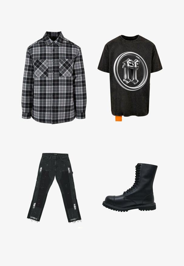 Chemise à carreaux noir et blanc avec un devant à boutons, deux poches poitrine et des manches longues à bords retroussés. Fabriquée en tissu léger.; Forgotten Faces RADIANT LOGO ACID - T-shirt imprimé - black; Jeans en denim noir avec des patches déchirés, des ourlets effilochés et des accents texturés. Taille mi-haute avec un design standard à cinq poches.; Bottines en cuir noir à lacets avec un bout rond, une tige haute, une semelle en caoutchouc épaisse et une surface texturée. Comprend des piqûres renforcées le long des coutures.