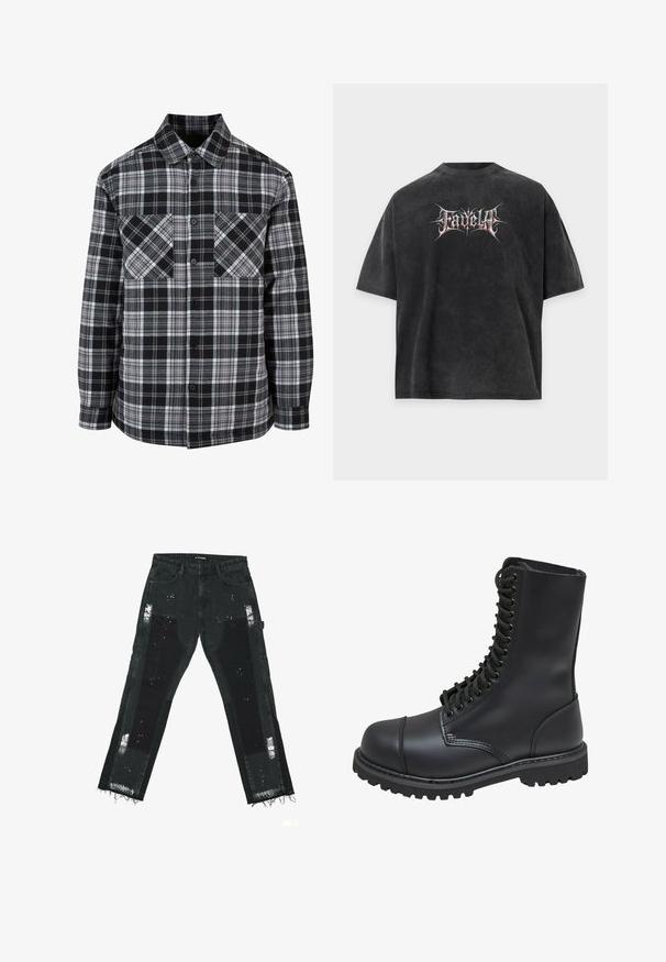 Chemise à carreaux noir et blanc avec un devant à boutons, deux poches poitrine et des manches longues à bords retroussés. Fabriquée en tissu léger.; T-shirt noir oversize avec texture délavée et texte stylisé en blanc et rouge "Fadella" centré sur le devant.; Jeans en denim noir avec des patches déchirés, des ourlets effilochés et des accents texturés. Taille mi-haute avec un design standard à cinq poches.; Botte de combat en cuir noir avec un haut tige, fermeture lacée à l'avant, col rembourré et semelle texturée robuste pour une meilleure adhérence. Dotée d'un capuchon de protection renforcé.