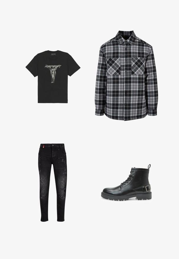 Schwarz-weiße Karobluse mit Knopfleiste, zwei Brusttaschen und langen Ärmeln mit gekrempelten Enden. Hergestellt aus leichtem Stoff.; Schwarzes Baumwoll-T-Shirt mit kurzen Ärmeln, auf dem eine frontale Grafik einer Statue und das Wort "BUßE" in fetten grauen Buchstaben zu sehen ist.; Schwarze Jeans aus Denim mit zerstörten Patches, weißen Farbspritzern, Reißverschluss und slim-fit Design.; Schwarzer Lederkampfstiefel mit Schnürsenkeln, Metallösen, robustem Sohlen, einer Schlaufe am Absatz und einem dekorativen Schnallenriemen an der Seite.