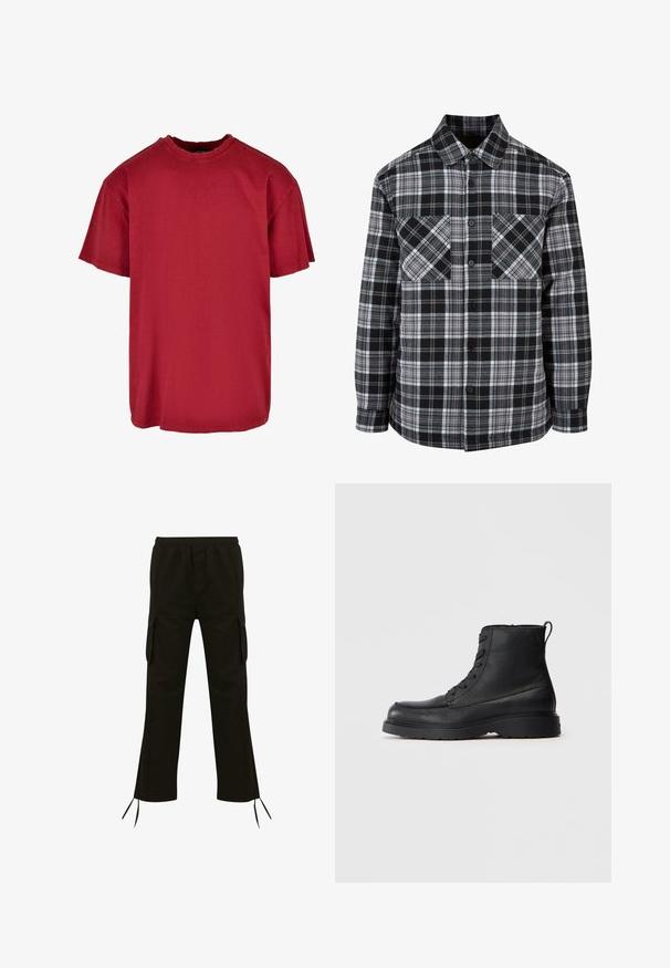 Schwarz-weiße Karobluse mit Knopfleiste, zwei Brusttaschen und langen Ärmeln mit gekrempelten Enden. Hergestellt aus leichtem Stoff.; Rotes Baumwoll-T-Shirt mit lässiger Passform, kurzen Ärmeln, rundem Halsausschnitt und abgenutzten Akzenten in der Nähe der Schultern. Keine sichtbaren Logos.; Schwarze Cargo-Hose mit elastischem Bund, seitlichen Taschen und Kordeln am Saum; aus einem leichten Stoff mit glatter Textur gefertigt.; Schwarze strukturierte Leder-Schnürstiefelette mit dicker Sohle und Zuglasche hinten, Seitenansicht.