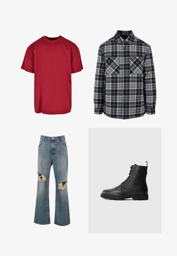 Camisa de cuadros en blanco y negro con botón en el frente, dos bolsillos en el pecho y mangas largas con puños. Hecha de tejido ligero.; Camiseta de algodón roja con un corte relajado, mangas cortas, cuello redondo y detalles desgastados cerca de los hombros. Sin logotipos visibles.; Vaqueros de mezclilla azul con piernas anchas y grandes agujeros rasgados en ambas rodillas que muestran bordes deshilachados y hilos blancos.; Botín de cuero negro con punta redonda, diseño con cordones y ojales de metal. Cuenta con una suela texturizada y una lengüeta en el talón para facilitar su uso.