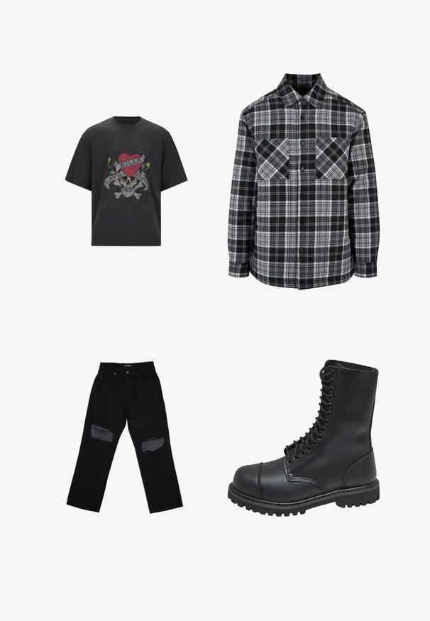 Camisa de cuadros en blanco y negro con botón en el frente, dos bolsillos en el pecho y mangas largas con puños. Hecha de tejido ligero.; Camiseta gráfica negra con un diseño de calavera, un corazón rojo y el texto "Love Kills", adornada con coloridos rhinestones y un diseño de corte holgado.; Vaqueros de mezclilla negros con un corte relajado, que presentan desgastes deshilachados en la parte delantera de la rodilla y una cinturilla estándar con cierre de botón.; Bota de combate de cuero negro con caña alta, parte frontal con cordones, cuello acolchado y suela texturizada resistente para un buen agarre. Presenta una puntera reforzada.