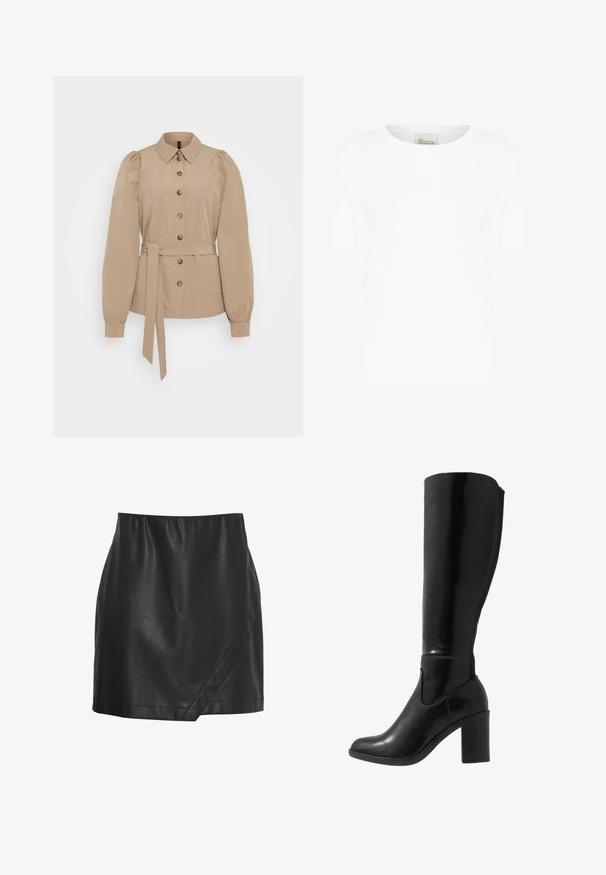 Chemise beige à boutons avec col, manches bouffantes longues, taille nouée et deux poches avant, fabriquée en tissu de coton lisse.; T-shirt blanc à manches courtes en coton doux, avec un col rond et une coupe décontractée, sans motifs ni accents visibles.; Mini-jupe en cuir noir avec une texture lisse, présentant un design enroulé et une taille élastique pour un confort optimal. Pas de détails métalliques visibles.; Bottes noires à talons vernies hauteur genou, avec un bout arrondi, une texture lisse, un détail de découpe sur le côté et un talon empilé chunky.
