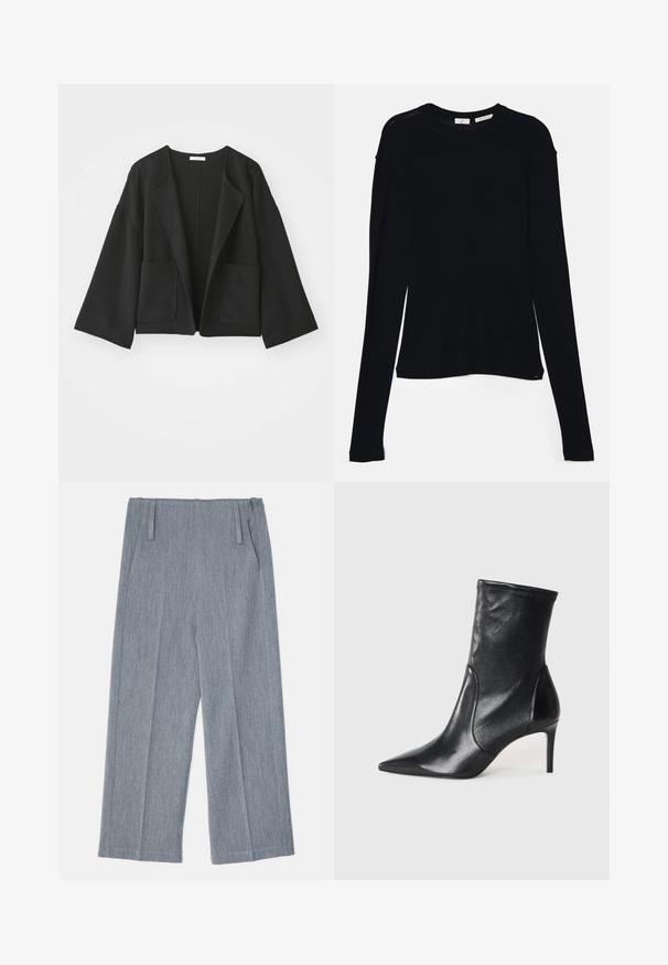 Schwarze, kurz geschnittene Jacke aus weichem Stoff. Mit weiten Ärmeln, offener Vorderseite und zwei Fronttaschen. Einfaches, klares Design ohne Verschlüsse.; Schwarzes Langarmoberteil aus weichem Stoff, mit rundem Ausschnitt und lässiger Passform, seitlichen Schlitzen am Saum für mehr Bewegungsfreiheit.; Hellgraue, weit geschnittene Hosen aus strukturiertem Stoff, mit zwei vorderen Falten und zwei Seitentaschen. Sauberes, maßgeschneidertes Design.; Schwarze Stiefeletten aus glattem Leder, mit einer spitzen Zehe, schmalem Schaft und schlanker, hoher Ferse. Minimalistisches Design ohne sichtbare Beschläge.