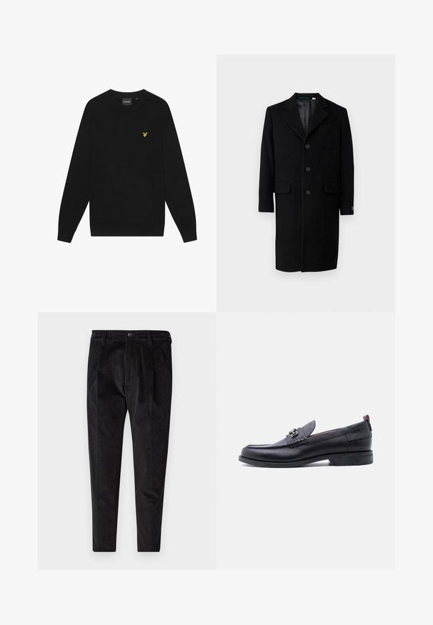 Lacoste Klassisk frakke - noir; Sort bomulds sweatshirts med lange ærmer og rund hals. Har et lille gult ørnelogo på brystet. Blød tekstur.; Sorte fløjl bukser med en tekstureret overflade, der har lige ben, plisseret front og elastisk talje for øget komfort.; Sort lædermokasin med grå tekstureret forfod, sølvfarvet metalspænde, lav hæl og trækflap bagpå.