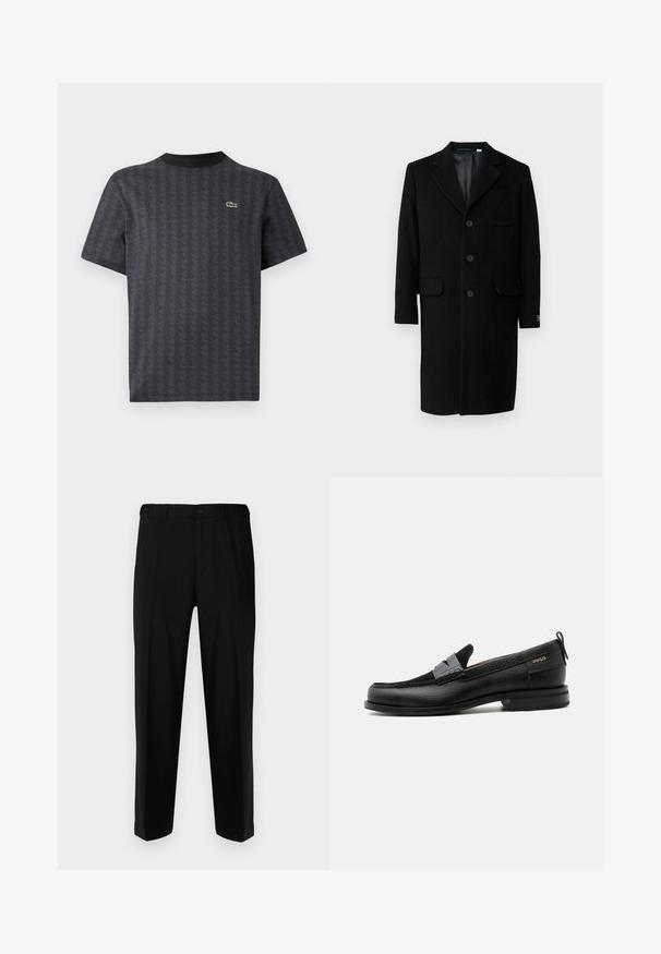 Lacoste Klassisk frakke - noir; Sort kortærmet t-shirt med et geometrisk mønster og et grønt krokodille-logo, med en ensfarvet sort rund hals.; Sorte bukser lavet af glat stof, med lige snit, to forlommer og lynlås med knaplukning.; Sort læderloafer med grå remdetalje, lav hæl og tekstureret sål, mærket med "HUGO" i guld på siden.