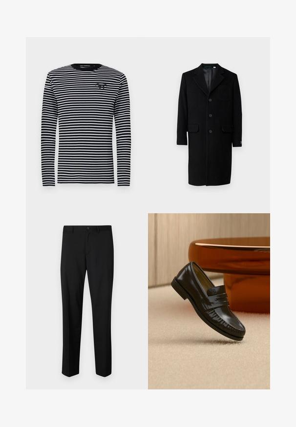 Lacoste Klassisk frakke - noir; Langærmet skjorte, sort og hvid med vandrette striber, rund hals, stoffet har en glat tekstur, med et lille logo på brystet.; Sorte skræddersyede bukser med flad front, standard talje og lige ben. Lavet af glat stof, med en enkelt knaplukning.; Skinnende sort læderloafer med remdetalje, placeret på beige tæppe nær et rundt brunt sofabord i et blødt oplyst rum.