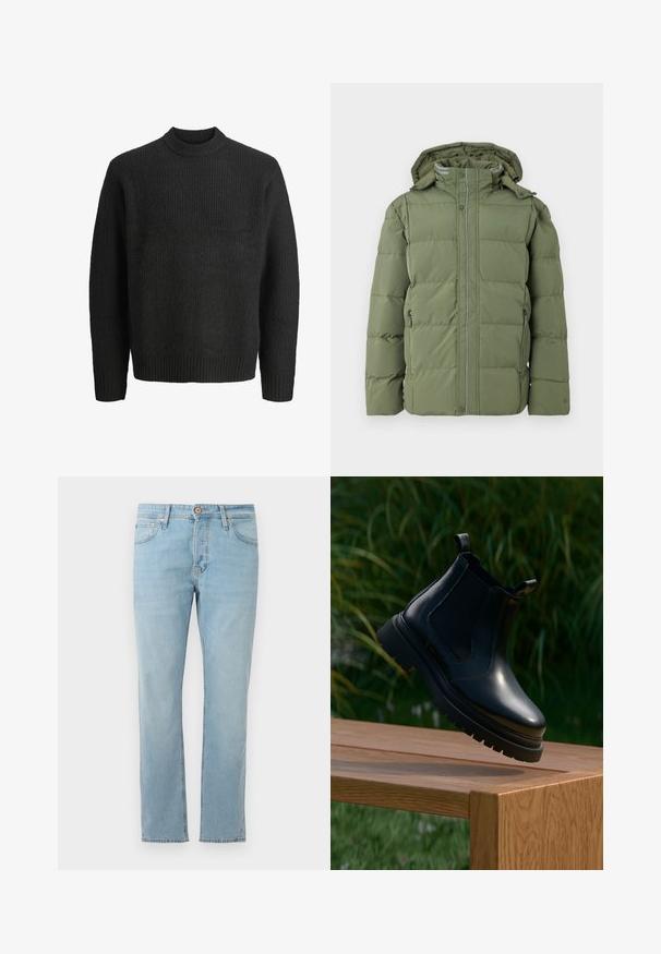 Grøn puffer-jakke med lynlås foran, hætte og to sidelommer. Har stikninger på panelerne og en glat, vandafvisende ydre.; Sort strikket crewneck-sweater med lange ærmer og ribbede manchetter og kant, vist på hvid baggrund.; Lyseblå denim jeans med lige pasform, fem lommer og knaplukning i taljen, vist fladt på en hvid baggrund.; Sorte læder chelsea-støvler med rund tå, tyk gummisål og elastiske sidepaneler, præsenteret på en træoverflade med grønne planter i baggrunden.