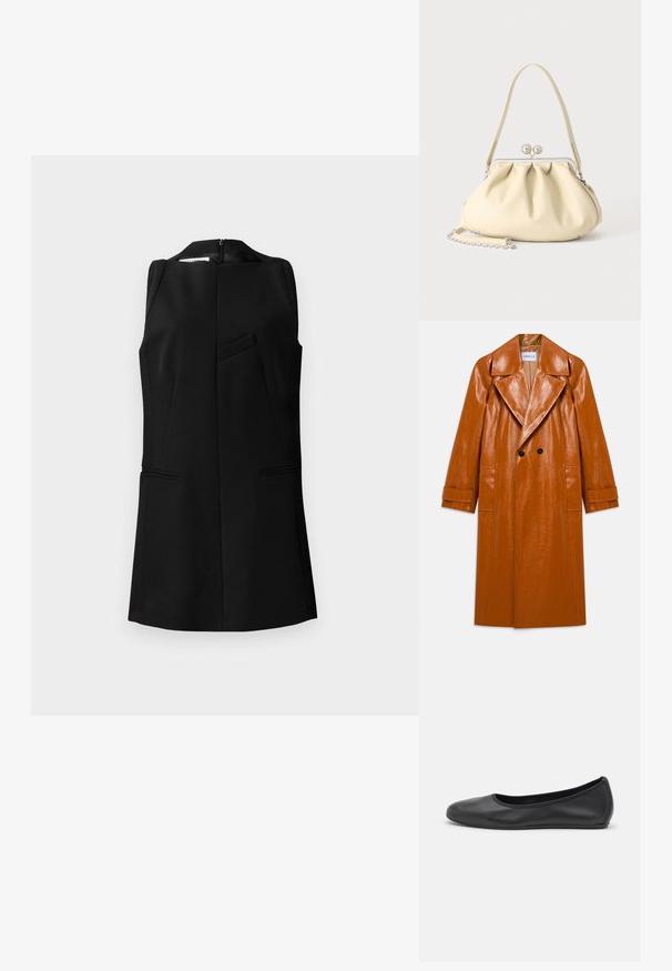 Lång brun faux læder trench coat med brede slag, dobbelte sorte knapper, to forlommer og manchetter.; Sort ærmeløs top med høj hals, struktureret design, detalje med frontlomme og skjult baglynlås, fremstillet af et tekstureret stof.; Sort læderballetsko med rund tå, glat tekstur, minimal syning og et fleksibelt såldesign.; Cremefarvet blødt læder håndtaske med indsamlet design, sølvramme-lukkemekanisme, kort hank og aftagelig kæderem.
