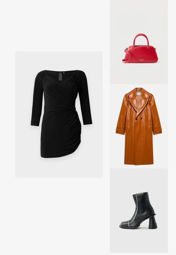 Pikk pruun kunstnahk trench coat, laiade klappidega, kahekordsete mustade nuppudega, kahe esise taskuga ja mansettidega varrukatega.; Must mustriga mustriga, pehmest kangast valmistatud must kleit, millel on kolmeveerandiline varrukad, kitsas siluett ja külgedel volditud detailid.; Mustast nahast pahkluu pikkune saabas valgete õmblustega, ruudukujulise esiküljega ja ainulaadse laiendatud kandega, esitatud küljelt halli tausta peal.; Punane nahast Kate Spade käekott, millel on kahekordsed sangad, eemaldatav õlakäevõru ja hõbedane tõmblukuga sulgemine valgel taustal.