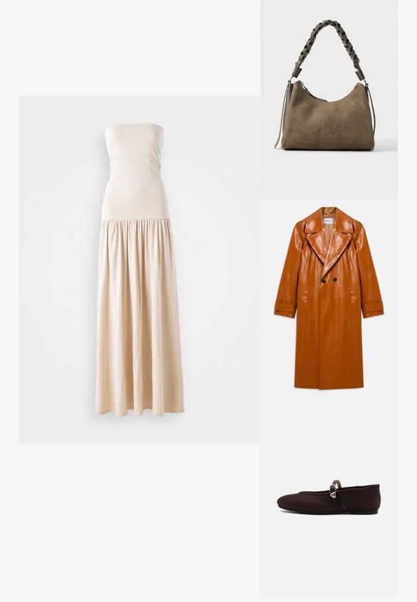 Lange bruine faux leren trenchcoat met brede revers, dubbele zwarte knopen, twee voorzakken en opgerolde mouwen.; Beige strapless maxikleed met een aansluitend lijfje en een vloeiende, geplooide rok, gemaakt van zacht stof, met een gladde textuur over het hele oppervlak.; Donkerbruine getextureerde platte schoen met zwarte band en gouden hartvormige gesp, zijaanzicht op een lichtgrijze achtergrond.; Bruine suède handtas met gevlochten leren schouderriem en ritssluiting, met het merk "Coccinelle" middenvoor.