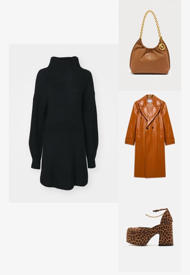 Lång brun faux læder trench coat med brede slag, dobbelte sorte knapper, to forlommer og manchetter.; Sort strikket sweater med høj hals, lange ærmer og løs pasform. Tekstureret stof med en løs silhuet og ingen synlige mønstre.; Leopardprint platformhæle med en tyk blokhæl, ankelrem og guldkæde-detalje. Lavet af tekstureret materiale.; Brun læderhåndtaske med guldkæde-rem og rund guldfarvet Michael Kors-logo ved siden.