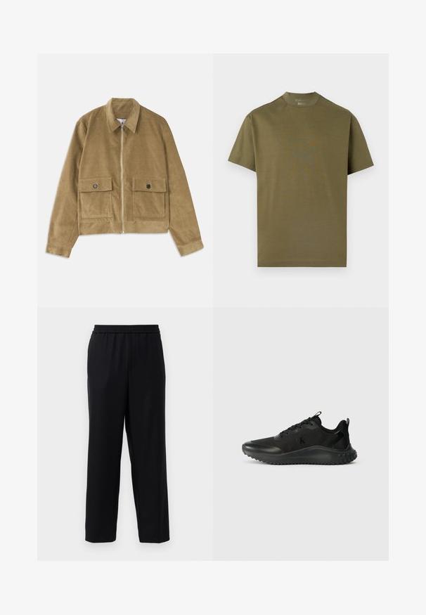 Katoenen jasje in tan, met een ritssluiting, een kraag en twee voorzakken met knoopflappen.; Olijfgroen T-shirt met korte mouwen en ronde hals, subtiel geperst Porsche-logo op de borst en BOSS-branding op de kraag.; Zwarte broek met een elastische tailleband, recht gesneden ontwerp en een gladde, lichte stof. Geen zichtbare zakken of patronen.; Zwarte sportieve sneakers met een soepele, gestructureerde afwerking, ronde neus, dikke zool en vetersysteem voor een veilige pasvorm. Subtiele branding aan de zijkant.