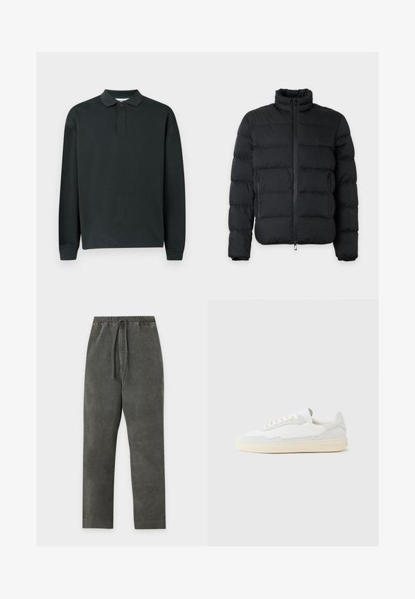 Veste matelassée noire avec un col montant, une fermeture éclair à l'avant et des poches latérales zippées, présentée sur un fond clair.; Polo shirt noir à manches longues avec une patte de boutonnage à un seul bouton et des poignets côtelés, présenté sur un fond clair.; Pantalon en velours côtelé gris foncé avec taille élastique et cordon de serrage, coupe droite, sans poches visibles, présenté sur fond blanc.; Baskets blanches avec dessus en daim et cuir texturé. Caractérisées par un bout arrondi, une fermeture à lacets et une semelle en caoutchouc beige contrastante.