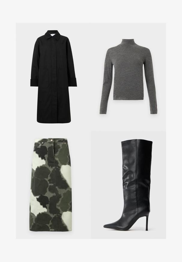 Sort lang frakke lavet af robust stof, der har en spids krave, to store forlommer og ribstrikkede manchetter. Enkelt design uden pynt.; Grå turtleneck sweater lavet af blødt materiale, med lange ærmer og en tætsiddende silhuet. Glat tekstur med minimal detaljering.; Camo-mønstrede denim nederdel i mørkegrøn og sort, med høj talje, fire lommer og metalliske accenter. Mellemlang og lige snit.; Sort knæhøj læderstøvle med spids tå og tynd høj hæl mod en ensfarvet hvid baggrund.