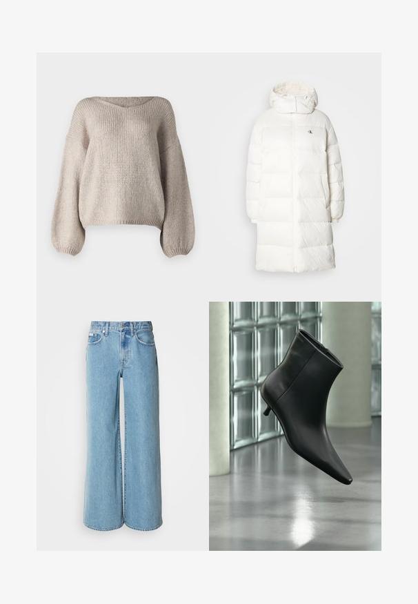Manteau doudoune blanc avec une silhouette longue et droite. Il possède une fermeture éclair sur le devant, des poignet élastiques et une capuche avec des bords froncés. Détail logo discret.; Pull en tricot beige avec un large col en V, des manches longues bouffantes et un ourlet court. La texture est épaisse et douce, avec un design simple.; Jean large bleu clair en denim, avec une taille haute, un design à cinq poches et un léger dégradé sur le tissu.; Bottine en cuir noir à bout pointu et petit talon kitten, présentée en angle devant un sol poli et un mur en blocs de verre.