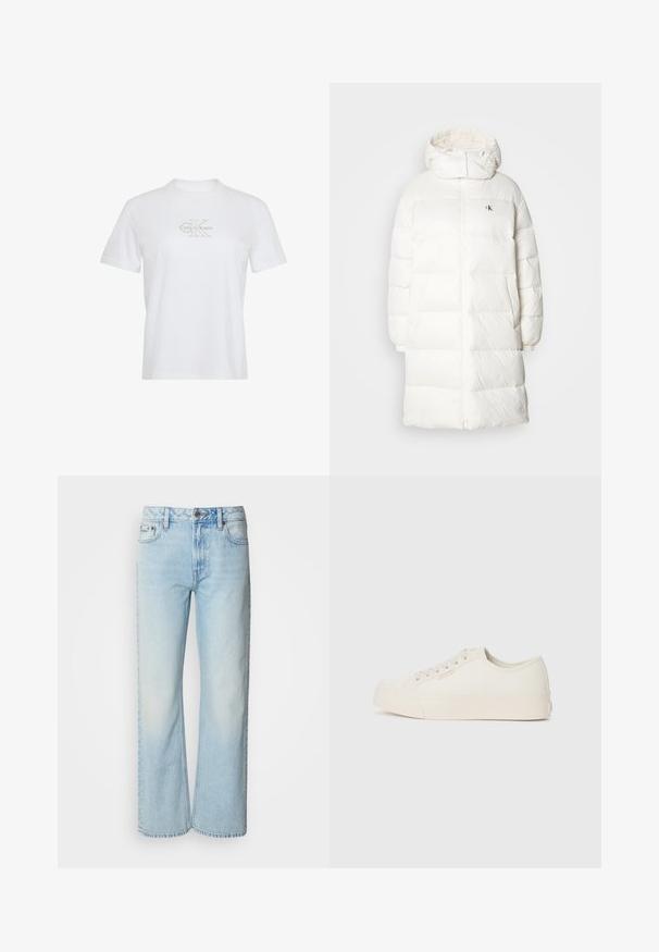 Witte donsjas met een lange, rechte silhouet. Voorzien van een ritssluiting aan de voorkant, elastische manchetten en een capuchon met geplooide randen. Klein logodetail.; Witte katoenen t-shirt met korte mouwen, een ronde hals en een goudkleurig gedrukt Calvin Klein-logo aan de voorkant.; Lichtblauwe wijde jeans van denim, voorzien van een klassiek vijf-pocket ontwerp en een subtiele vervaagde textuur. Denimstiksels zijn zichtbaar.; Sneakers van off-white canvas, met een laag ontwerp, ronde neus en platte rubberen zool met subtiele stiksels.