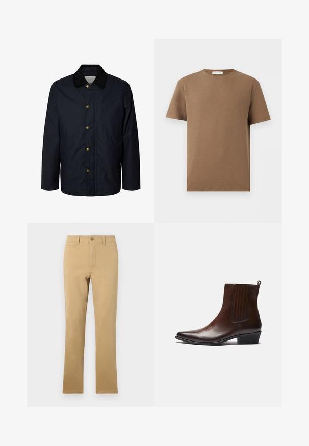 Herre navyblå jakke med sort kordfløjlkrave og fem synlige messingtryklåse ned foran.; Brun kortærmet t-shirt med rund hals i tekstureret stof og label "Pier One" inde i kraven, vist på hvid baggrund.; Kaki-farvede lige ben bukser lavet af bomuld, med knaplukning, forlommer og en glat overflade.; Brun læder ankelstøvle med spids tå, elastiske sidepaneler, tekstureret detaljer på fronten og en lav stablet hæl.